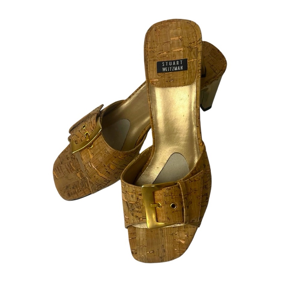 Stuart Weitzman Cork Open Toe Slide Mules Heel Sh… - image 1